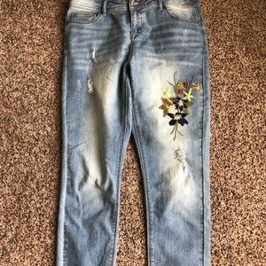 Distressed flower embroidered jeans